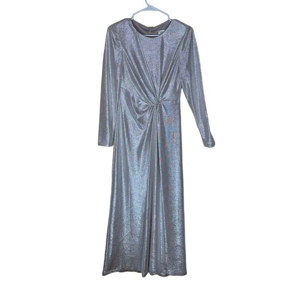 Eliza J Formal Dress Full Length Gown Twist Metallic Silver Sparkly Size 8